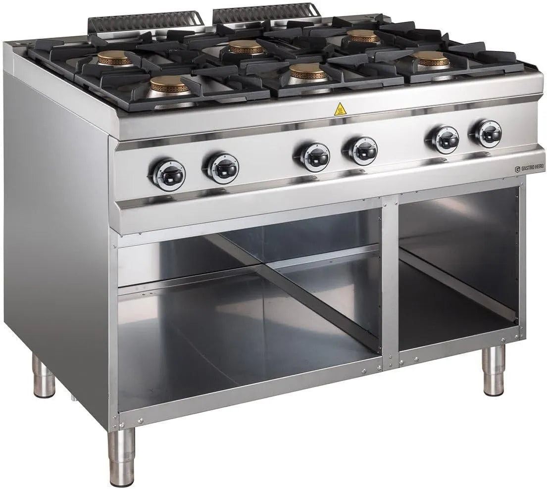 GastroHero D77G6AXL, Komfurer, Gas komfur, 6 brændere, åben underbygning, rustfrit stål, Sølv, 77G, 42 kW, 1100 x 714 x 850 mm, 304W