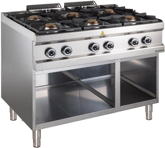GastroHero D77G6AXL, Komfurer, Gas komfur, 6 brændere, åben underbygning, rustfrit stål, Sølv, 77G, 42 kW, 1100 x 714 x 850 mm, 304W