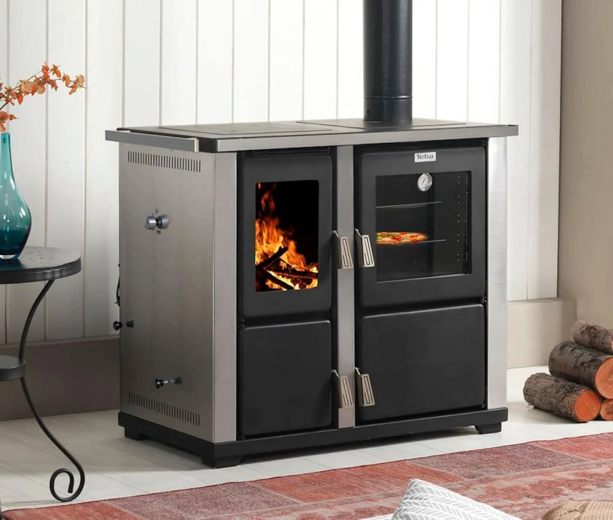 DanDiBo, Kogeplader, Køkken med bageplads og komfur plade Teba TKS 18 Højre Flere lejligheder Træovn, Brun, 10 kW, 60 cm, 5 mm, 100 cm