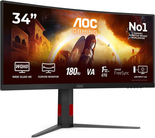 AOC CU34G4 HDR10, Skærme, 34 tommer buet, UW- QHD spilleskærm, 180Hz, Fast VA Panel, 1ms GtG, FreeSync, Sort, 34G, 3440x1440, 2X 2
