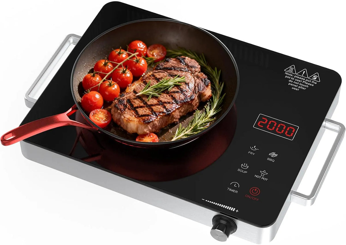 GTKZW 4H-Timer, Kogeplader, Glas keramisk kogeplade 2000W, bærbar kogeplade Elektrisk 1er 36 cm med isolerede, Sort, 2000W, 36 cm, 100W