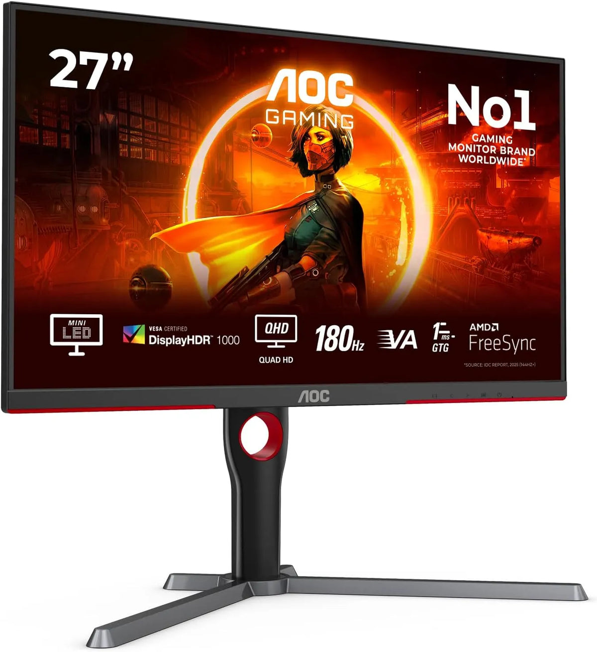 AOC Q27G3XMN HDR1000, Skærme, Gaming - 27 tommer QHD Monitor, 180 Hz, FreeSync Prem. Pro., (2560x1440, 1 ms, Sort / rød, 27G