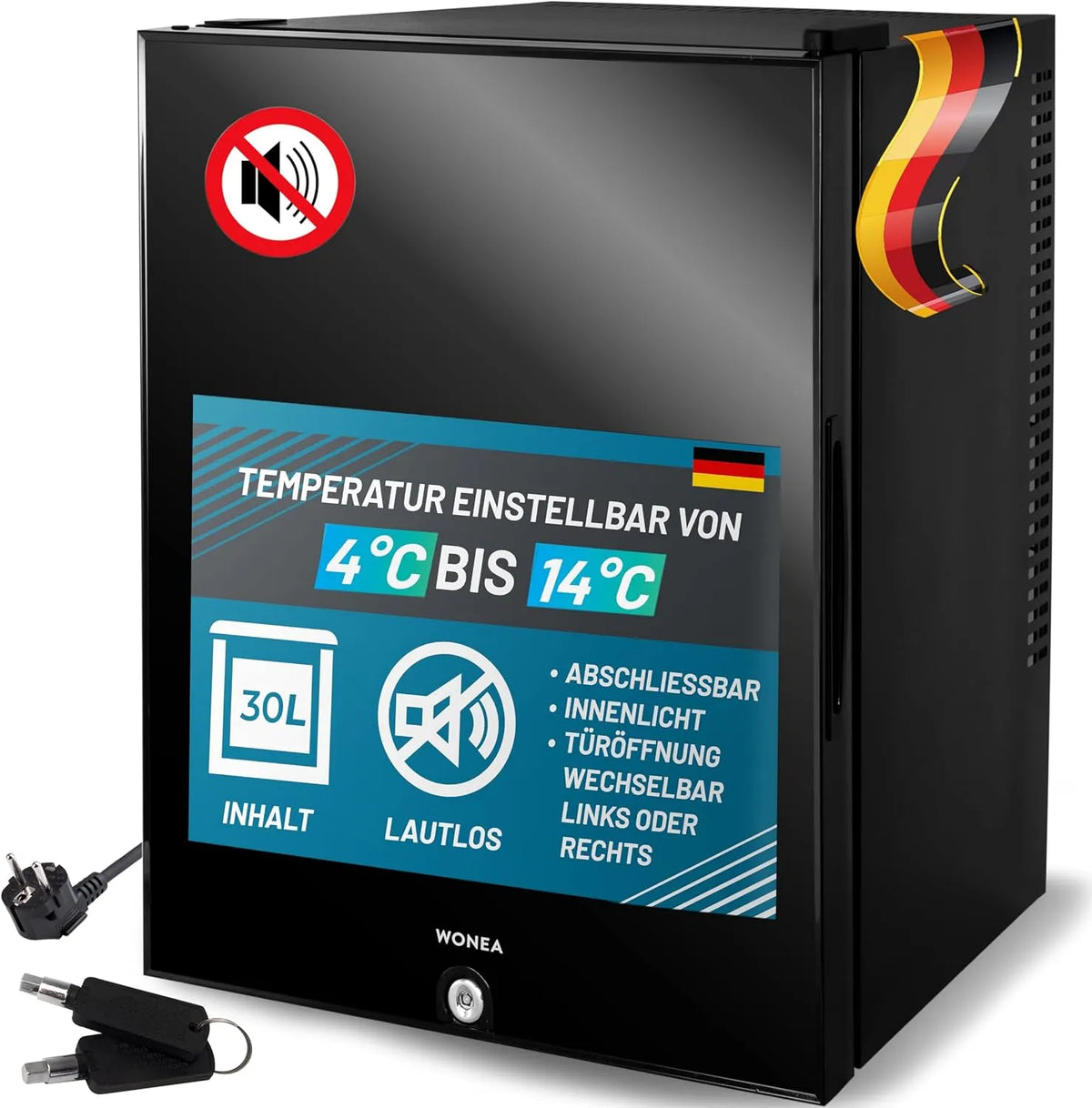 WONEA, Minikøleskabe, 30 liter Mini køleskab LAUTLOS, temperaturjusterbar 4 ° -14 ° C, lås, Hvid, 30 l, 12V, 230V, 100W