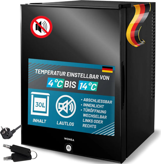 WONEA, Minikøleskabe, 30 liter Mini køleskab LAUTLOS, temperaturjusterbar 4 ° -14 ° C, lås, Hvid, 30 l, 12V, 230V, 100W