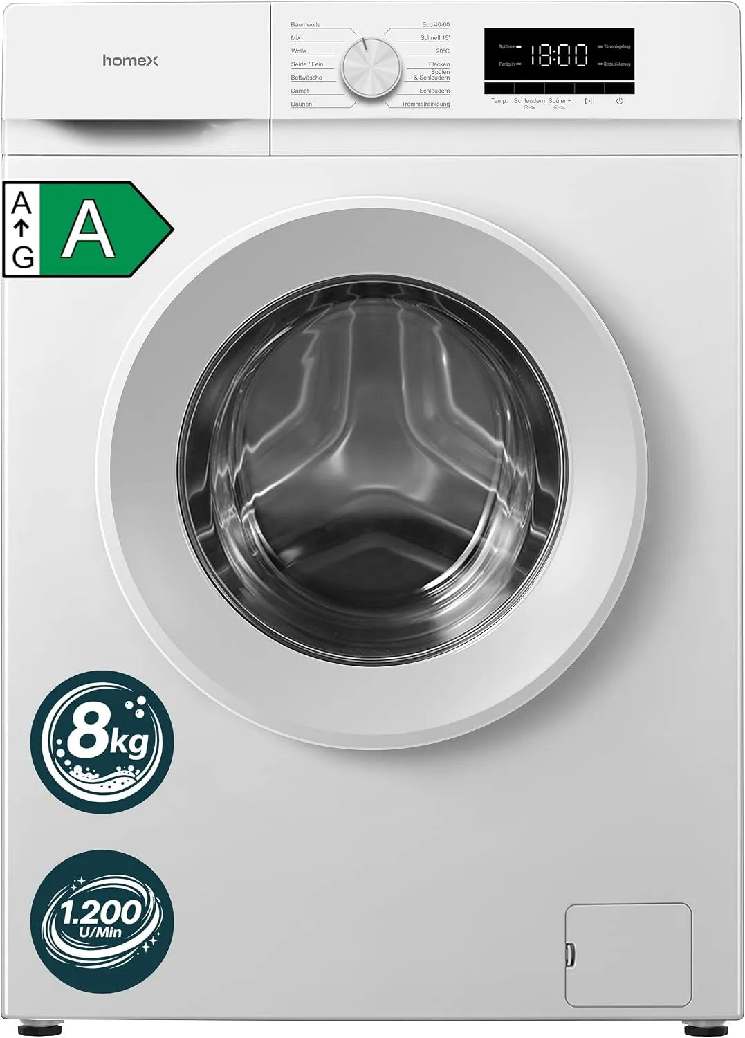 homeX WF812K1A-W WF812K1A, Vaskemaskiner, 8kg - W vaskemaskine 8 kg forlæsser 1, 200 rpm 45 cm dybde, Hvid, 8kg, 1, 200 rpm, 45 cm, 84 cm