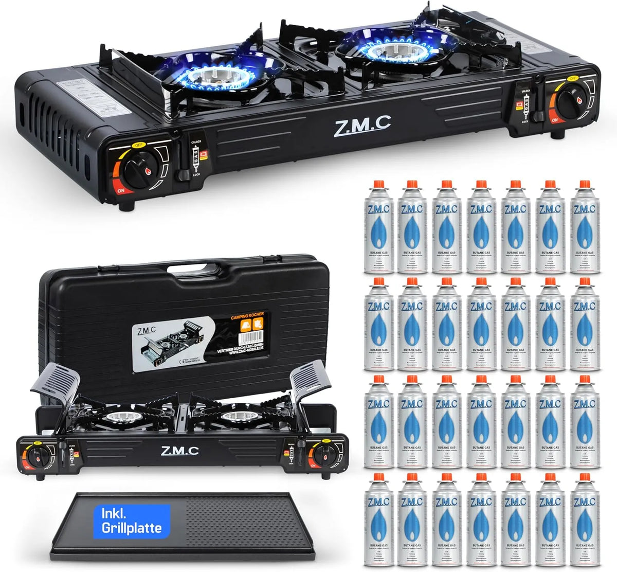 Z.M.C 2-flammig, Campingovne, ZMC Camping Kocher 2- flamme 2, 5 kW med piezo tænding & TRANSPORTKOFFER, Sort, 2, 5 kW, 0 kW, 4, 155 g