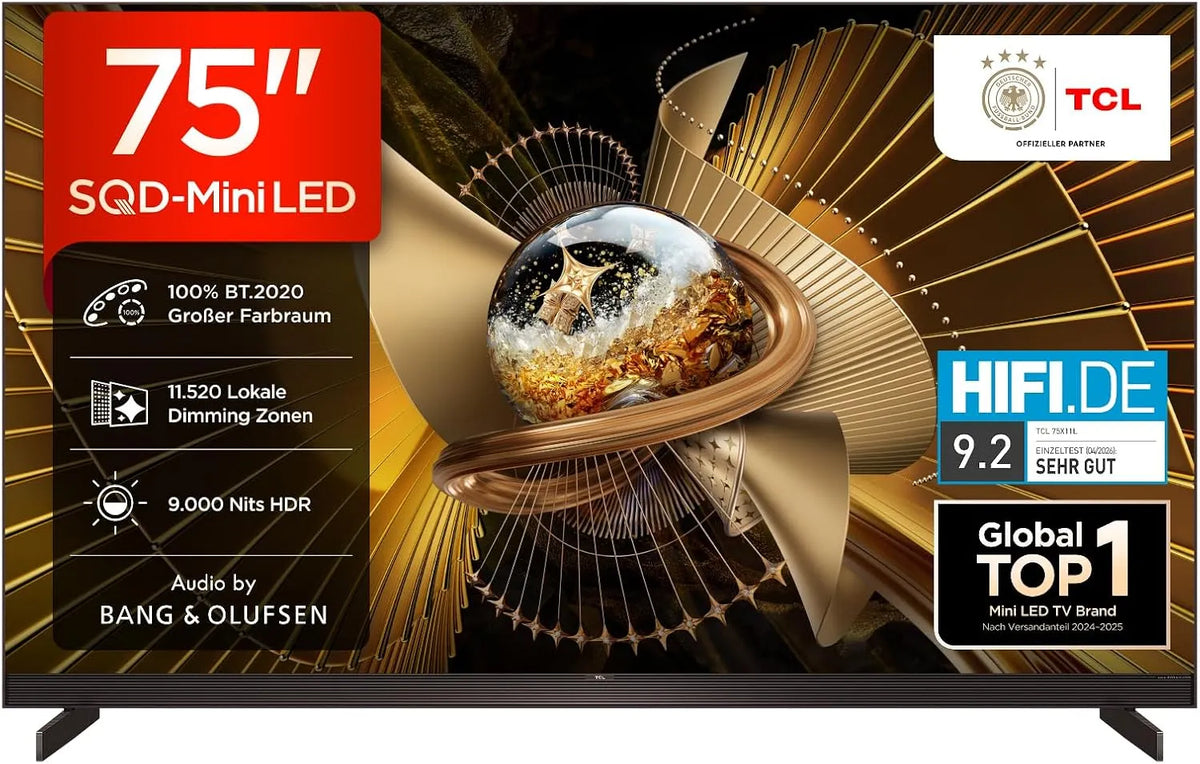 TCL HDR10 75X11L, Bærbare TV'er, + SQD- Mini LED 75 tommer TV, 4K Smart TV, Google TV, Sort, 75X11, Mini LED, 4K, 2 cm