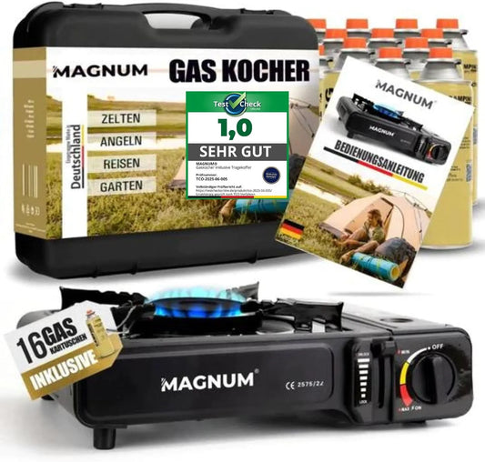 Magnum, Figtefjedre, ® Gaskomfur [inkl. 16x gaspatroner] Campingkomfur [piezo-tænding], Sort, 16 G, 2, 1 kW, 146 g