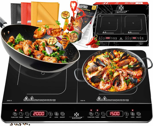KESSER 4-Stunden-Timer 4-timers, Kogeplader, ® Induction Hotplate Induction Hob 2 plader 3500W Portable 57cm Hotplate + 3x, Sort, 3500W, 57cm