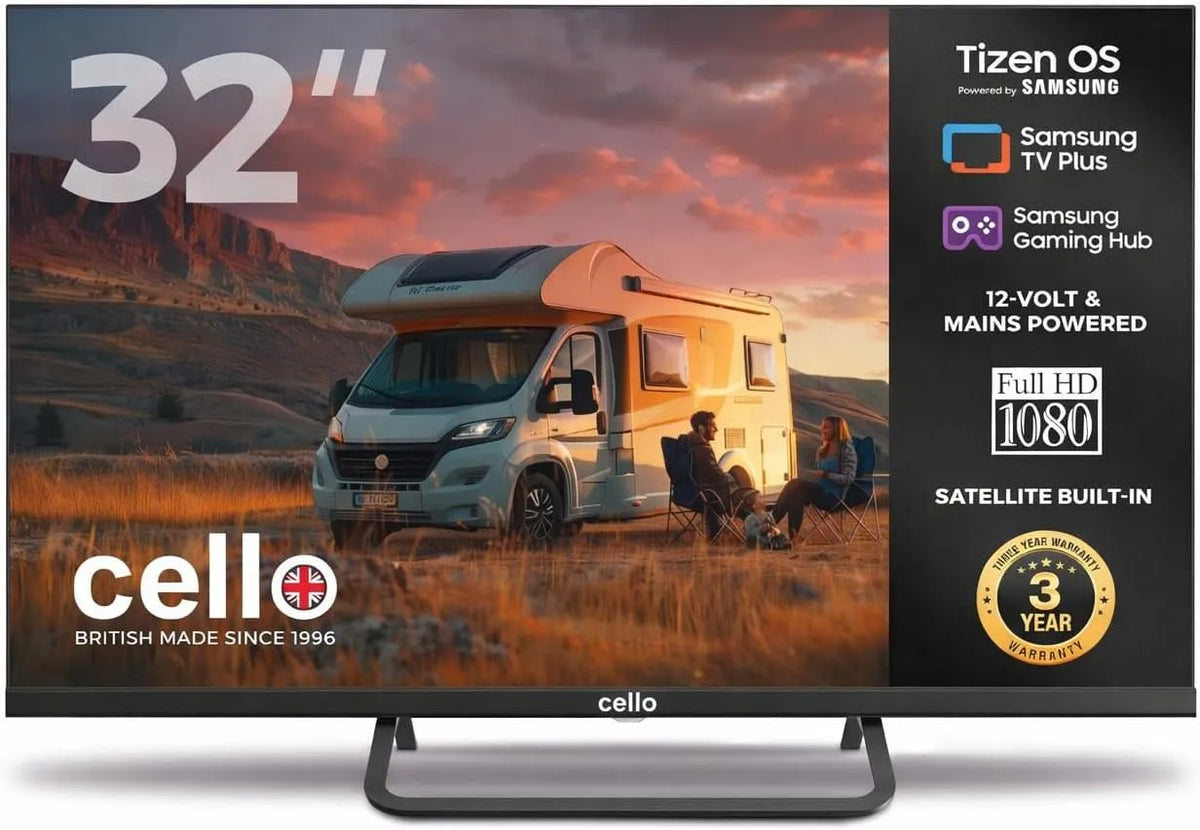 Cello V/230 CTRAV-32TZ, TV'er, CTRAV- 32TZ 32 tommer Smart TV, 12 V / 230 V, Tizen OS fra Samsung, Gaming Hub, Sort, 12 V, 230 V