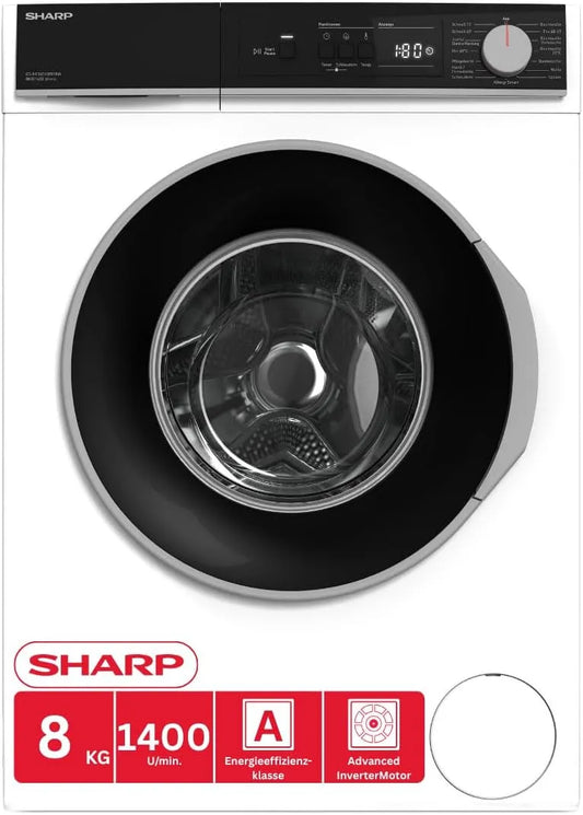 SHARP ES-NFA814BW1NA-DE NFA814BW1NA, Vaskemaskiner, ES- - DE vaskemaskine (8 kg, EEK A, 1400 rpm), (Inverter motor, AquaStop), Hvid, 8 kg
