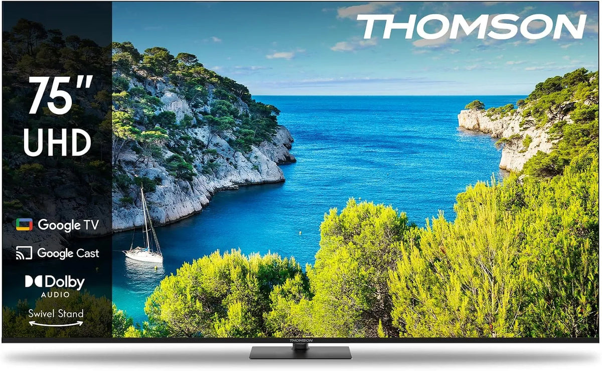Thomson HDR10 75UG5C14, TV'er, 75 inches (190cm) 4K Ultra HD Smart Google TV, Wi- Fi, Dolby Audio, Bluetooth, Sort, 75 inch, 190cm, 4K