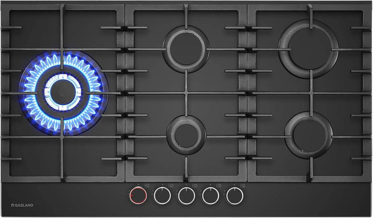 GASLAND GH2905BG1FC, Kogeplader, PRO Glas Gas Coosame 5 Flamme, Gas Coosamed med belyst drejning Knock, Build- in, Sort, 87 cm, 10400 W, 1.0 kW