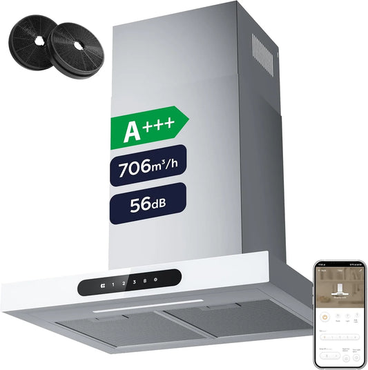 CIARRA CBCW6102 650m3, Væghængte emhætter, Dynamic A + + + Fume ekstraktor hætte 60 cm luftcirkulation App SensorTouch, Sølv / hvid, 60 cm, 2 l