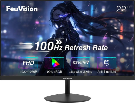 FeuVision 1080p, Skærme, 22 tommer skærm 100Hz, FHD PC-skærm, 99% sRGB, Sort, 100Hz, 1920 x 1080, 75mm