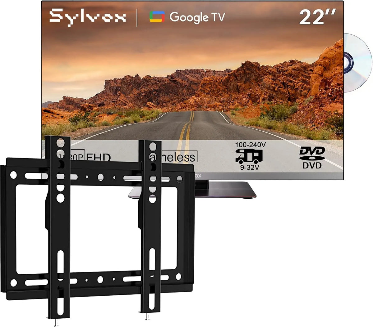 SYLVOX DVB/T2/S2 1080P, TV'er, 22 tommer 12V TV til autocamper, Smart Google TV med DVD-afspiller, FHD, uden, Sort, 12V, 32V, 4G, 8V