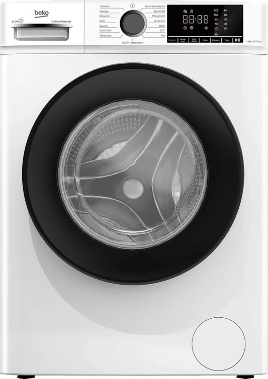 Beko BM3WFOE841PSA, Vaskemaskiner, fritstående vaskemaskine, fuldautomatisk vaskemaskine, 8 kg, spinding 1400 rpm, Hvid, 3W, 1400 rpm
