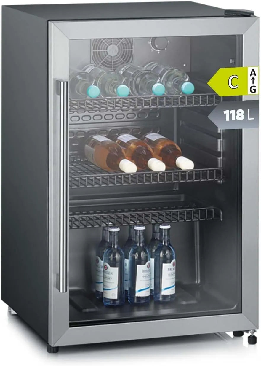 SEVERIN, Drikkevarekøleskabe, flaske køleskab, med integreret lås og LED belysning, 118 L brugbar kapacitet, Sort / sølv, 118 L, 0, 33L, 0 g