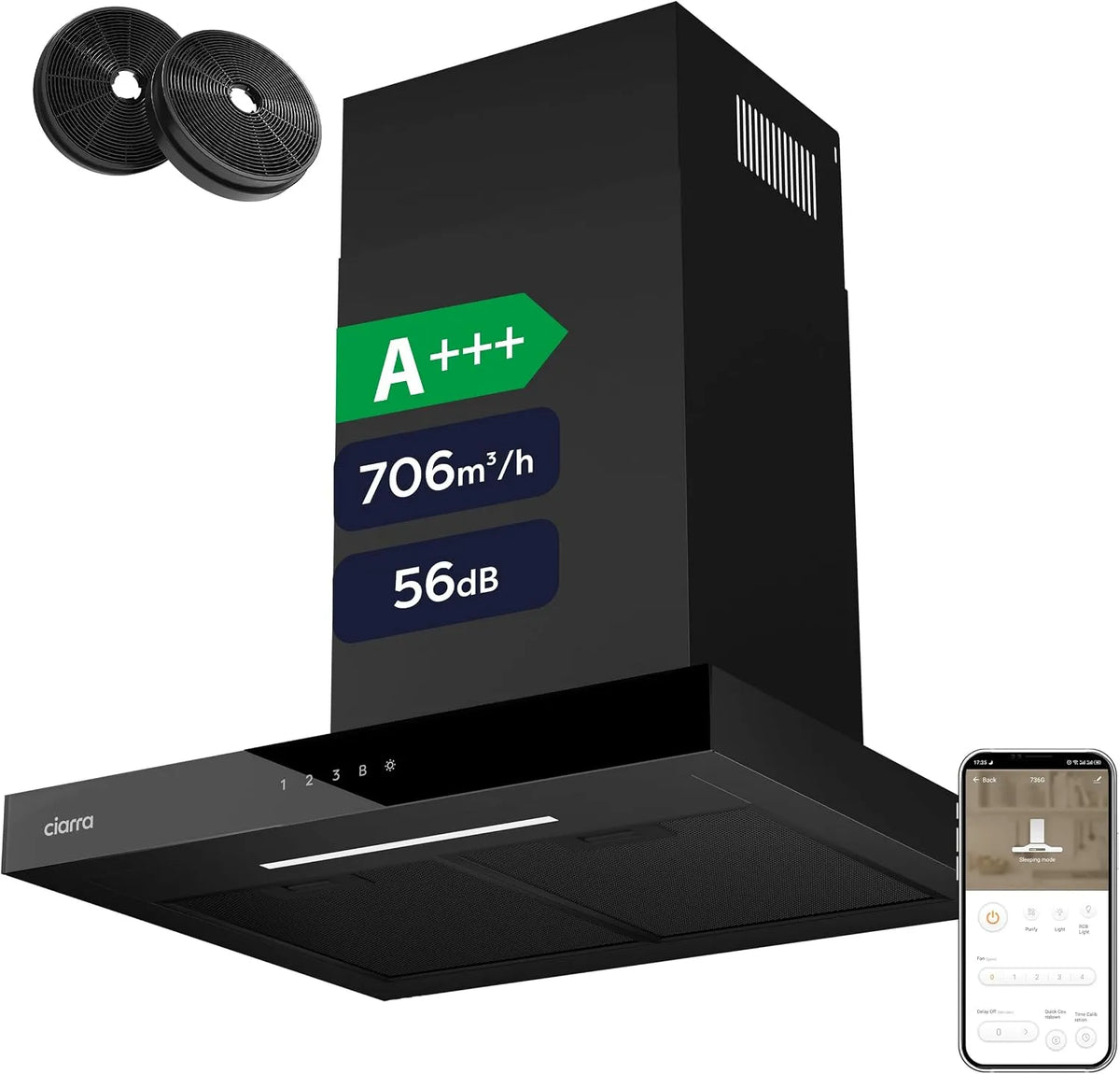 CIARRA CBCB6102 CBC6102, Væghængte emhætter, A + + + rækkevidde hætte 60 cm 706 m3 / h Wi- Fi App SensorTouch, Sort / sølv, 60 cm, 12 kW, 60dB