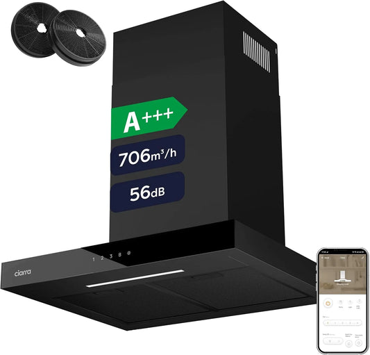 CIARRA CBCB6102 CBC6102, Væghængte emhætter, A + + + rækkevidde hætte 60 cm 706 m3 / h Wi- Fi App SensorTouch, Sort / sølv, 60 cm, 12 kW, 60dB
