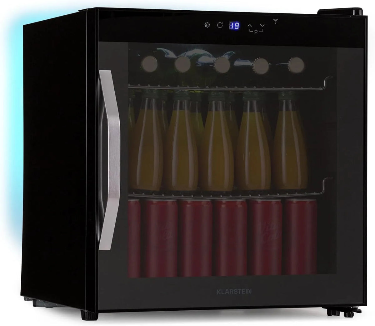 Klarstein 7-Farbige 7-farve, Minikøleskabe, Coachella 50 Onyx Drikkevare Køleskab med glasdør - 47 L, WLAN, 5-18 ° C, Sort, 47 L, 40 dB, 5 x 51