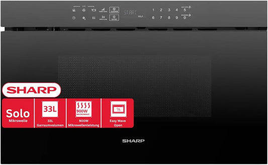 SHARP RINDS333FB, Solo-mikrobølgeovne, SHIPS - Mikrobølgeovn 33 L Flat- tabel - 900 W, 11 strømniveauer, 26 automatiske, Sort, 33 L, 900 W