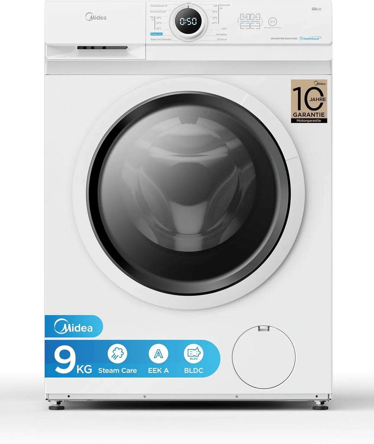 Midea MF10EW90B, Vaskemaskiner, vaskemaskine 9 kg energi klasse A 1400 rpm hvid, Hvid, 9 kg, 1400 rpm, 510 mm, 5 x 65