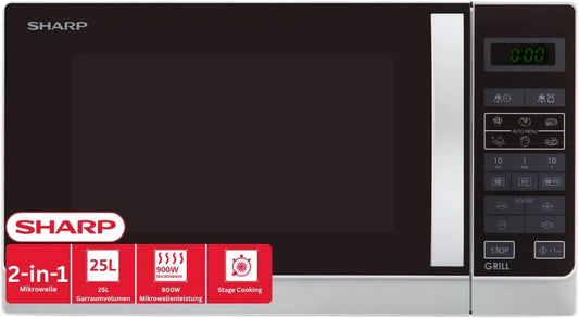 SHARP 2-in-1 R742INW, Mikrobølgeovne med grill, 2- in-1 mikrobølgeovn med grill / 25 L / 900 W / 1000 W grill / LED skærm / 8, Sølv, 25 L