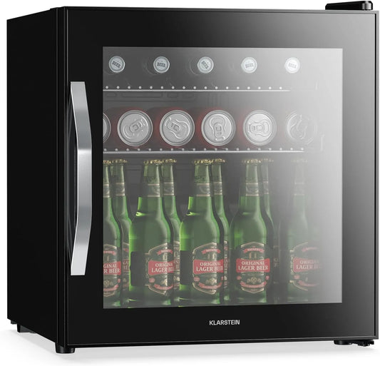 Klarstein, Drikkevarekøleskabe, Drikkevare Køleskab 47L - Spejl glasdør, LED, 0-13 ° C, 2 metalhylde, kompressor, Hvid, 47L
