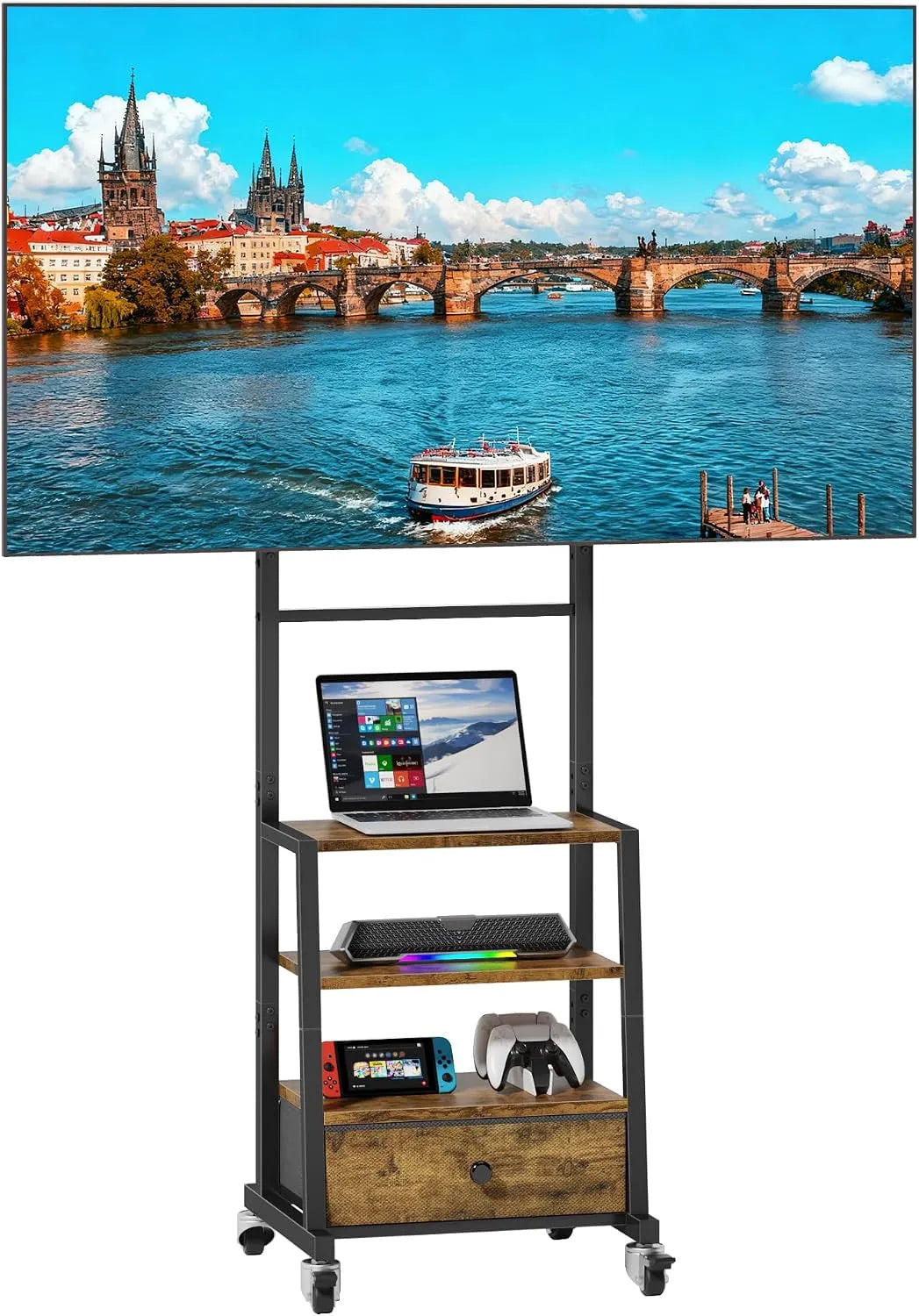 OYRREU, Stativfødder, Rullende tv-stand med holder og stof skuffe, brun