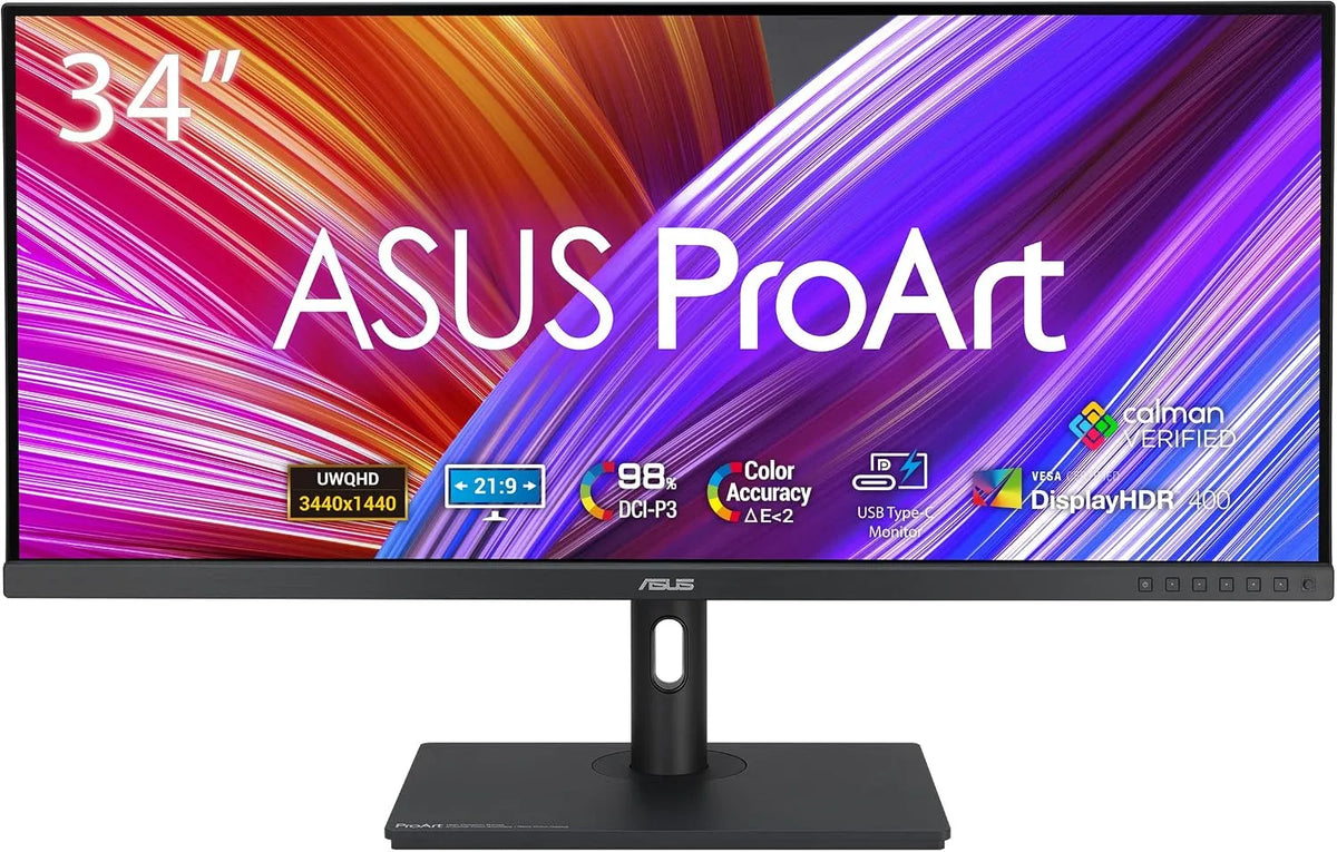 ASUS DCI-P3 PA348CGV, Skærme, ProArt 34- tommer QHD Ultrawide DCI- P3 Professional Monitor, Sort, 90 W, 2, 4 g, Full HD