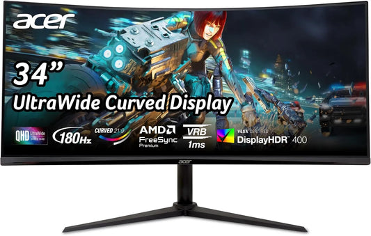 Acer XZ342CUV3, Skærme, Nitro Gaming Monitor 34 inches (86, 4 cm), UWQHD, 180Hz, Buet, Sort, 3 G, 34 inch, 86