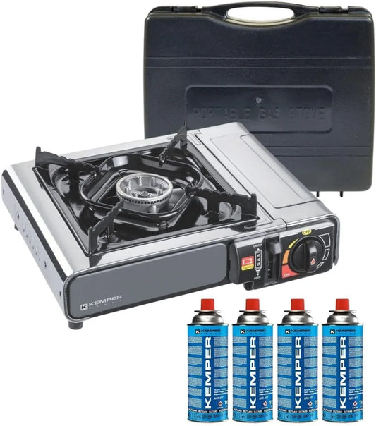 Kemper, Bærbar Gas Cooker 2200 W rustfrit stål + 4 gaspatroner + udendørs madlavning, Sølv, 2200 W, 4 g, 1.78 kg, 2 kW