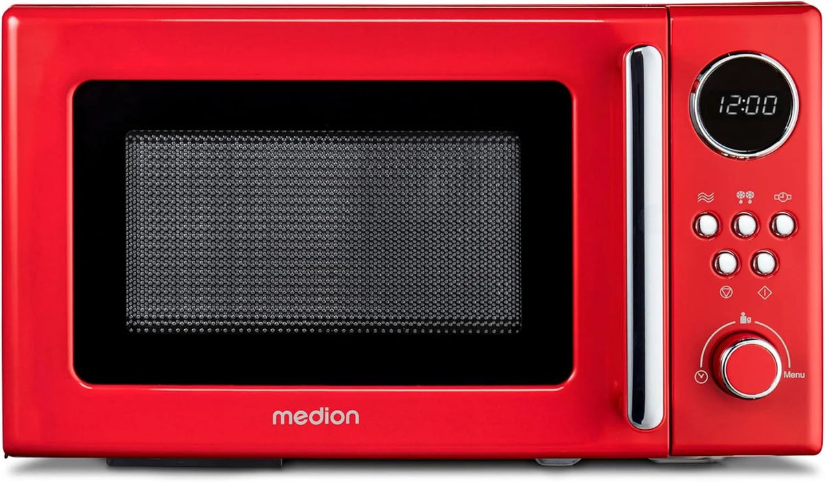MEDION MD15000, Solo-mikrobølgeovne, Retro Microbølgeovn Lille (20 liter, ca. 800 watt, 5 mikrobølgeniveauer, 8, Rød, 20 l, 800 w