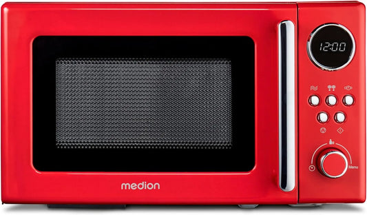 MEDION MD15000, Solo-mikrobølgeovne, Retro Microbølgeovn Lille (20 liter, ca. 800 watt, 5 mikrobølgeniveauer, 8, Rød, 20 l, 800 w