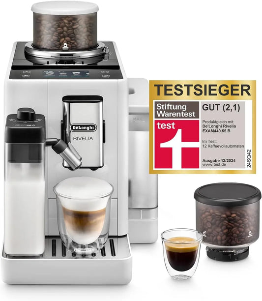 De'Longhi EXAM440.55.W, Fuldautomatiske kaffemaskiner, De 'Longhi Rivelia Fuldt automatisk kaffemaskine, mælk froth, udskiftelig bønne, Hvid