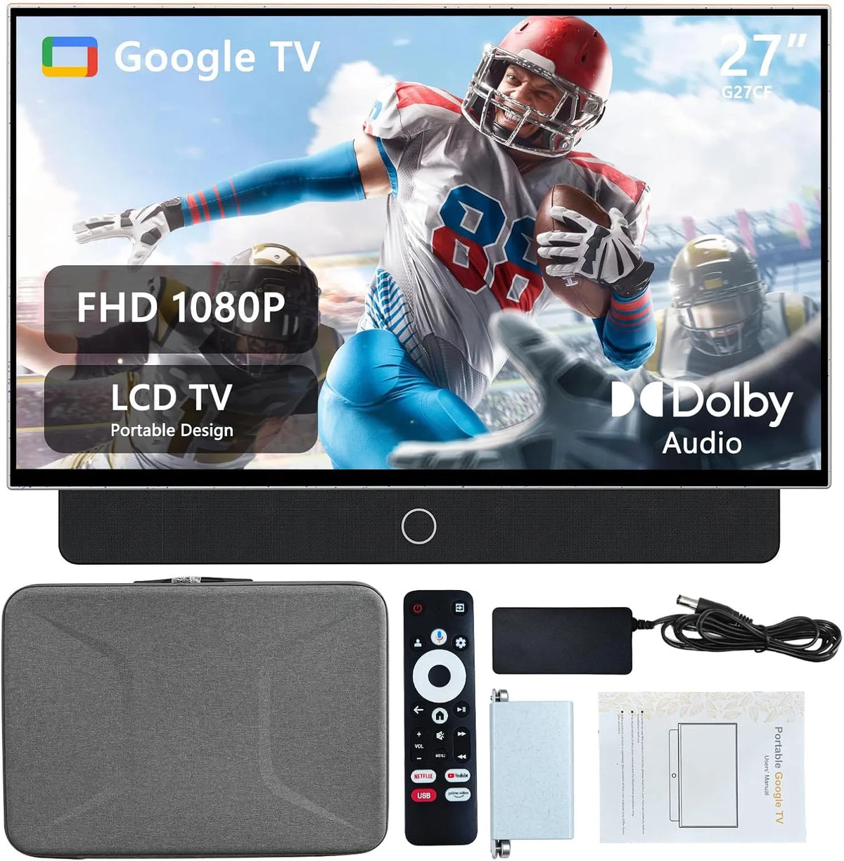 leyukejiboy 1080P Android14, TV og hjemmebiograf, Transportable 68, 6 cm (27 tommer) TV FHD OS med Google TV, 9000 mAh batteri, Sort, 68, 6 cm