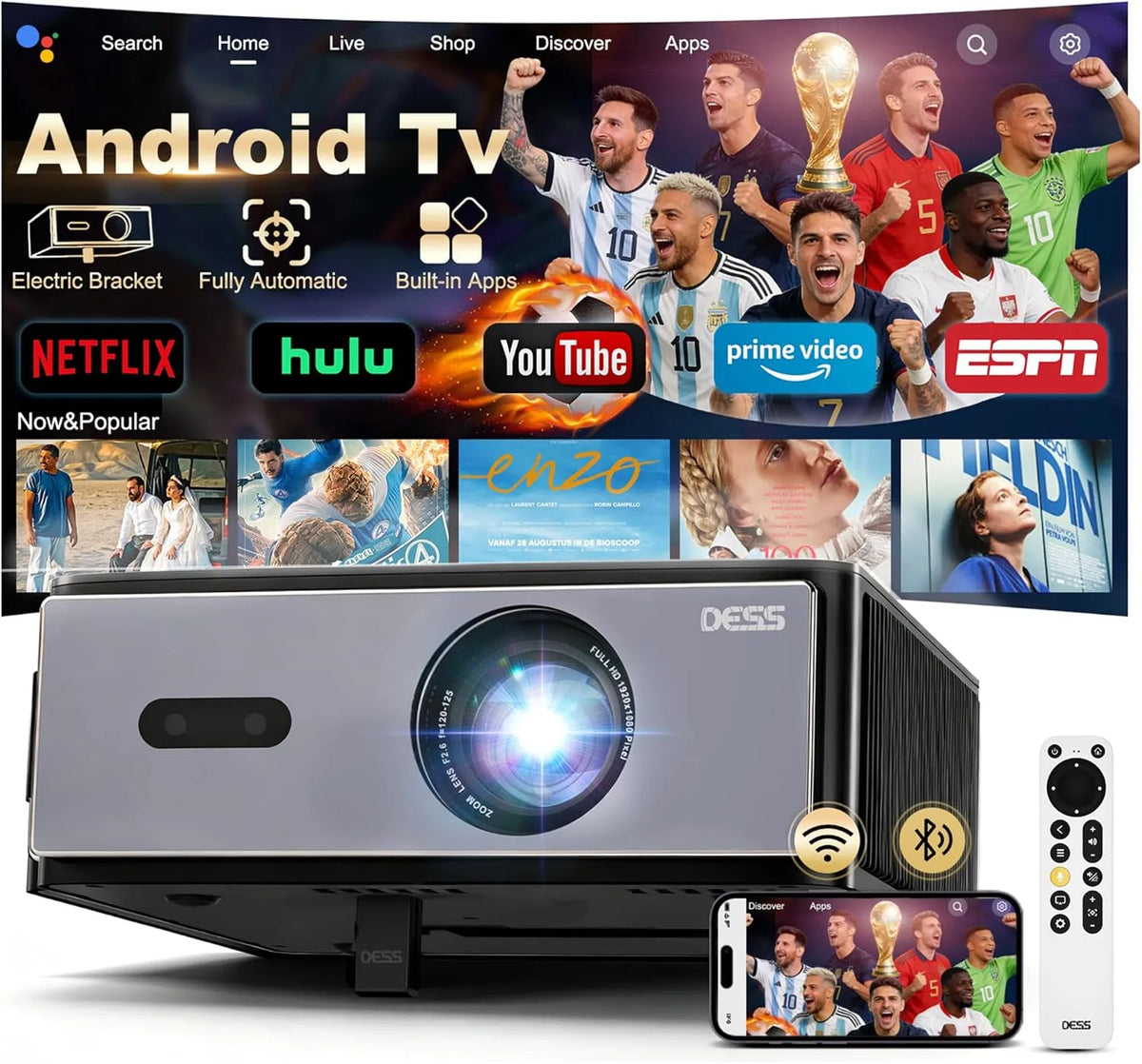 DESS 1080P, Projektorer, C4 Pro 4K Beamer Daylight Velegnet - Smart TV projektor 4K med 1200 ANSI Lumen, Sort, 4K, 6 G, 300 inch, 10W