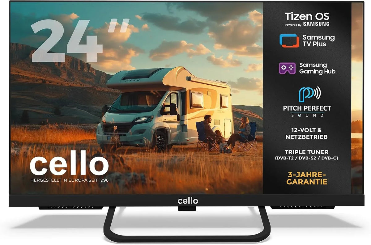 Cello CTRAV-24TZ, TV'er, CTRAV- 24 'Smart LED 12V Traveller- TV, 1080p, 2024, Tizen OS, Gaming Hub, Pitch, Sort, 24 ', 12V, 230 V