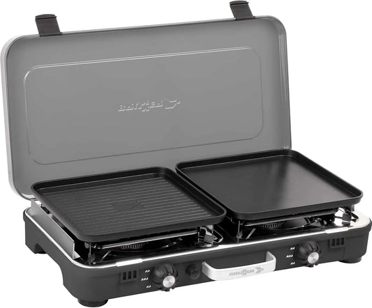 BRUNNER 2-flammig 2-flammekaster, Campingovne, Campingplads komfur POWERKOOK 50mbar 2xGrillplatter, Sort, 1 g, 2x2000