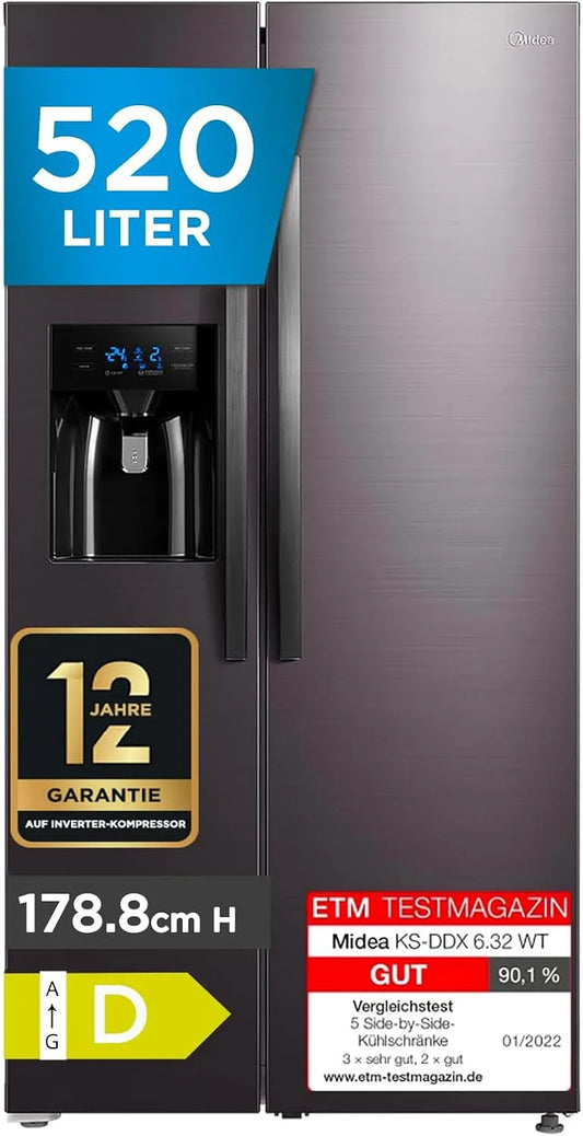 Midea 3in1, Køle-/fryseskabe, Mid KS- DDX 6.32 WT Side- by- Side Køleskab / Fryser / 178, 8 cm Højde / 254 kWh /, Sølv, 6.32 W, 178, 8 cm, 254 kW