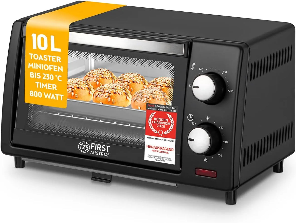 TZS First Austria, Miniovne, Mini ovn 10L 800W - Mini ovn kontinuerlig temperaturstyring op til 230 ° C - Mini, Sort / sølv, 10L, 800W, 230 g