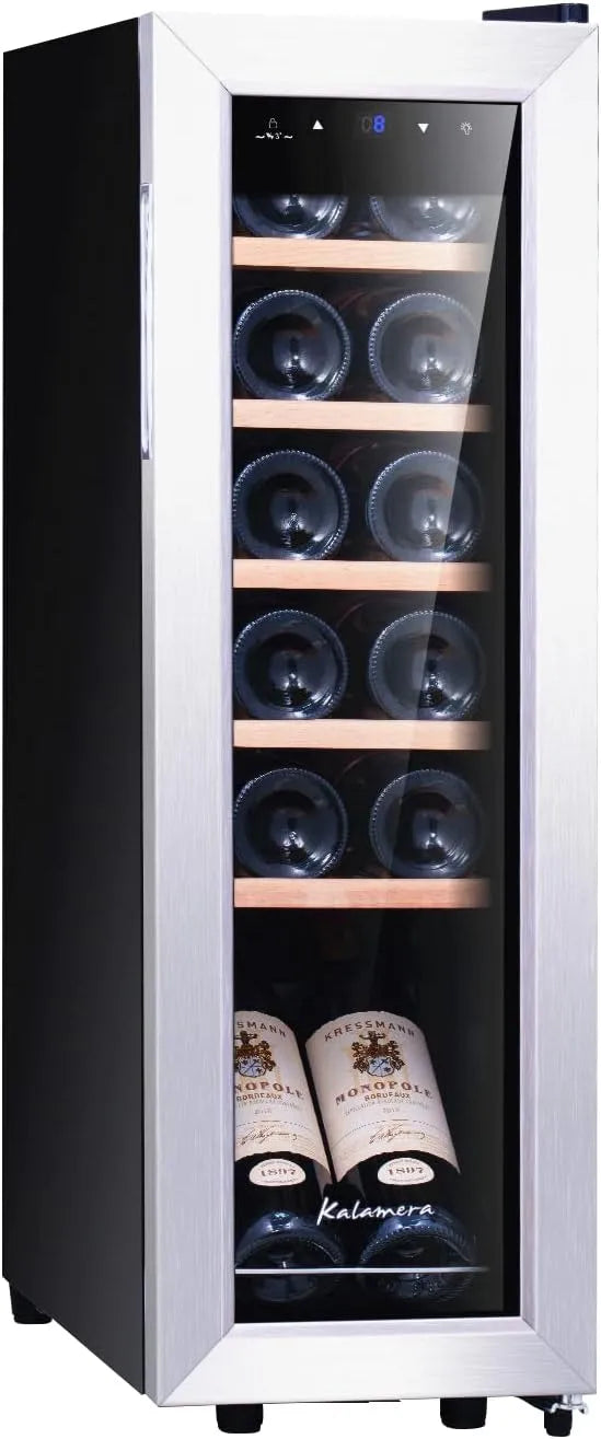 Kalamera KRC-35FCSS, Vinkøleskabe, vin køleskab, 12 flasker 35 liter vin klimaskab lille med kompressor, 5-18 ° C, Sort, 35 l, 40 dB