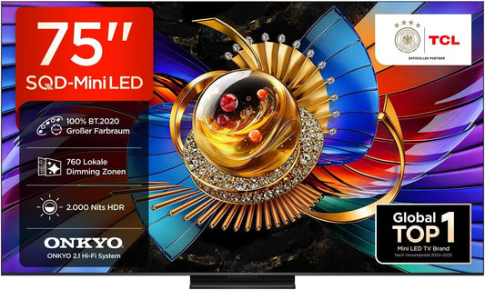 TCL 75Q7D, Bærbare TV'er, Pro SQD Mini LED 75 tommer TV, 4K Smart TV, Google TV, Sort, Mini LED, 4K, 144 Hz, 288 Hz