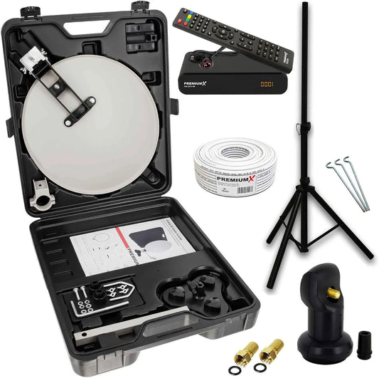 Premium X, ZXQKEEP0QXZ, X, Komplet satellitudstyr, ZXQKEEP1QXZX Camping SAT facilitet Satellit-parabol TV Modtager Single LNB 10m kabel, Sort, 0, 1