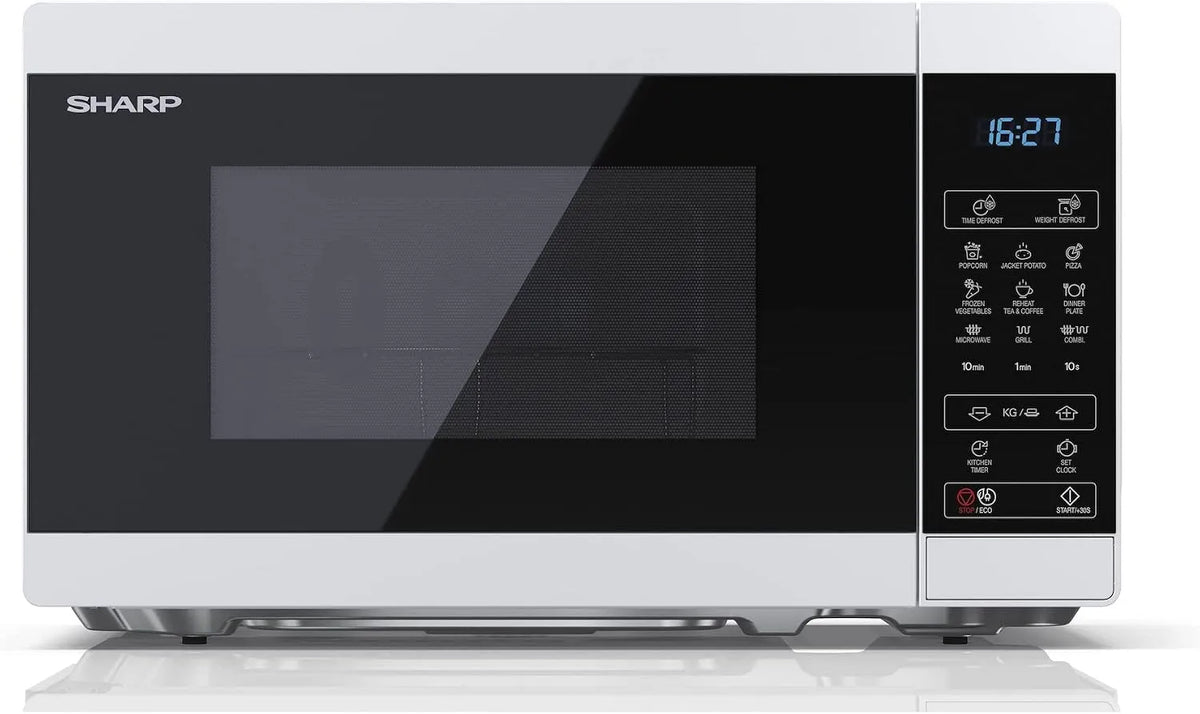 SHARP YC-MG02E-W, Mikrobølgeovne med grill, mikrobølgeovn 20L, Hvid, 800W mikroovn, 1000W grill, digital kontrol, 11 stadier, 20L, 800W